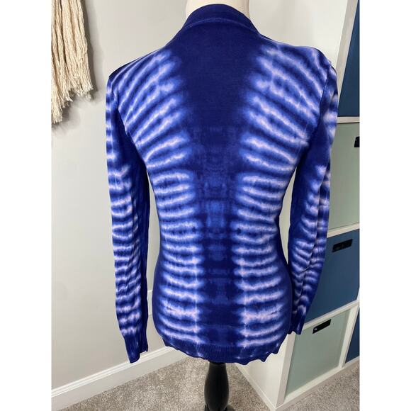 Tory Burch Blue Stripe Tiger Tie Dye Combo Pat Cardigan Small Preppy Coastal - Picture 3 of 10